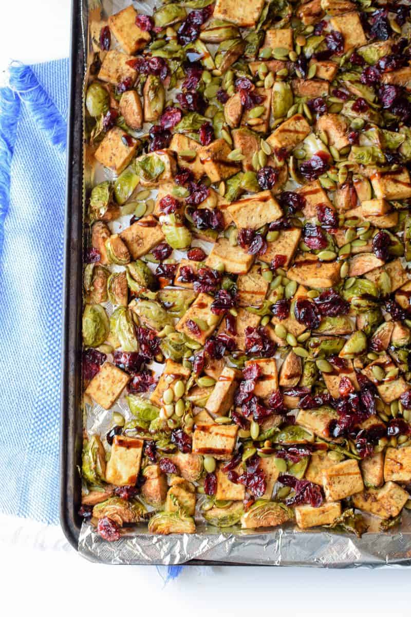 Sheet Pan Garlic Tofu And Brussels Sprouts